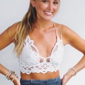 Free People NWT Size M Adella Bralette Lace Smocked Back Strappy Coquette White